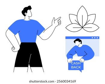 Standing man pointing upward, large leaf icon, individual using computer displaying text cash back in thought bubble. Ideal for business, finance, technology, nature, communication. Simple modern