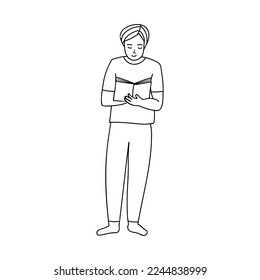 Standing man reading book in his hand front view doodle illustration in vector. Adult boy standing and reading book hand drawn icon in vector.
