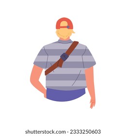 Standing man in red cap with shoulder strap back view flat style, vector illustration isolated on white background. Decorative design element, casual clothes, blonde male character