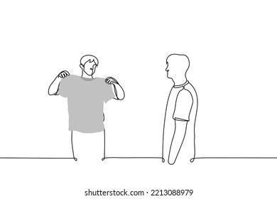 standing man shows a t-shirt to another man - one line drawing vector. concept t shirt seller convinces customer to buy t shirt