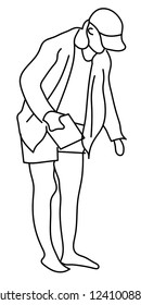 Standing man silhouette, black and white sketch. Line art.