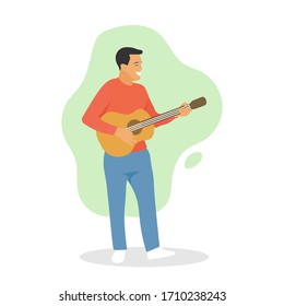 Hombre de pie sonriendo mientras sostiene y toca la guitarra acústica. Concepto de instrumento musical. Guitarrista solo. Músico callejero masculino. Rendimiento en vivo - Diseño plano simple ilustración de carácter vectorial.