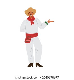 Standing man in sombrero hat dressed as Mexican peasants, flat vector illustration isolated on white background. Man in traditional Latin-American clothing.