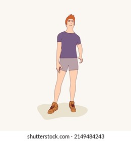 Standing man. Sport boy illustration. Casual sportwear - t-shirt, breeches and sneakers. Young man wearing workout clothes. Sport fashion boy outline in urban casual style.