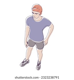 Standing man. Sport boy illustration. Casual sportwear - t-shirt, breeches and sneakers. Young man wearing workout clothes. Sport fashion boy outline in urban casual style.
