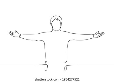 standing man spread his arms in different directions - one line drawing. concept of invitation, welcome, display of ownership and private property