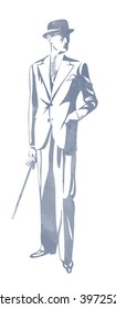 Standing man in suit and hat. Hand in pocket. Retro Clip Art. Art Deco Gatsby Epoch 1920's 1930's and 1940's Style. Vector silhouette illustration