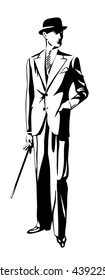 Standing man in suit and hat. Hand in pocket. Retro Clip Art. Art Deco Gatsby Epoch 1920's 1930's and 1940's Style. Vector silhouette illustration. Vintage Gentleman style