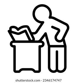 Standing man at table line icon, children book day concept, male reading vector sign on white background, man reading book outline style mobile concept web design. Vector graphics.