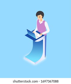 Standing man using laptop on platform, worker with wireless gadget, modern equipment of employee, portrait view of person working with device vector