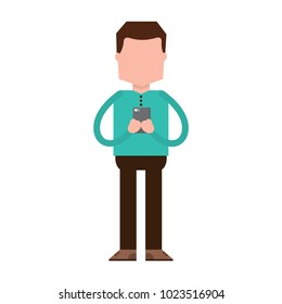 standing man using smartphone chatting