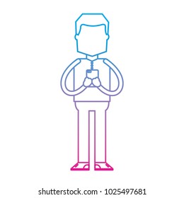 standing man using smartphone chatting