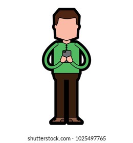 standing man using smartphone chatting