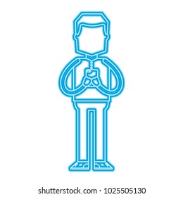standing man using smartphone chatting