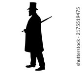 Standing man in vintage clothes. Victorian gentleman in cylinder with umbrella. XIX century male fashion. Black silhouette on white background.