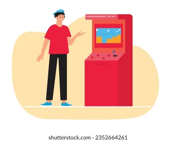 Standing man wearing blue hat and red shirt playing arcade with machines, fun old game. Character design. Vector flat illustration