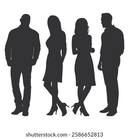 Standing Man and Woman Silhouette. Group of Standing Business People. Black Man and Woman Silhouette on White Background.