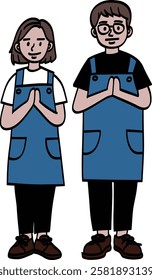 Standing man and women in blue apron greeting with hand in Thai tradition call "Sawasdee" or "Wai". Isolated Vector.