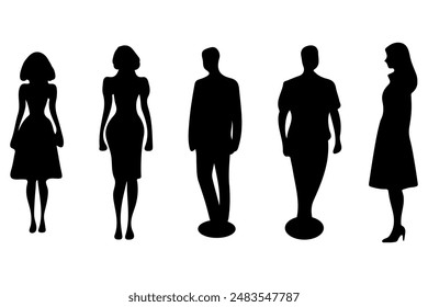 Standing man and women silhouette icon set