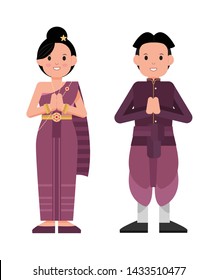 Standing man and women in thai vintage purple costume greeting with hand in Thai tradition call "Sawasdee". Isolated Vector.