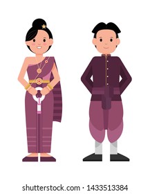 Standing man and women in thai vintage purple costume. A woman holding a garland flower which is a welcome flower in thai. Isolated Vector.