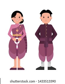 Standing man and women in thai vintage purple costume. A woman holding a garland flower which is a welcome flower in thai. Isolated Vector.