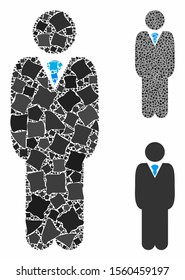 Standing manager composition of trembly parts in various sizes and color hues, based on standing manager icon. Vector irregular parts are combined into collage.