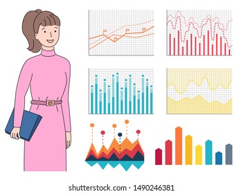 Standing manager in dress holding documents, closeup view of smiling woman, charts or statistic data on cells, colorful graph on white, presentation. Vector illustration in flat cartoon style