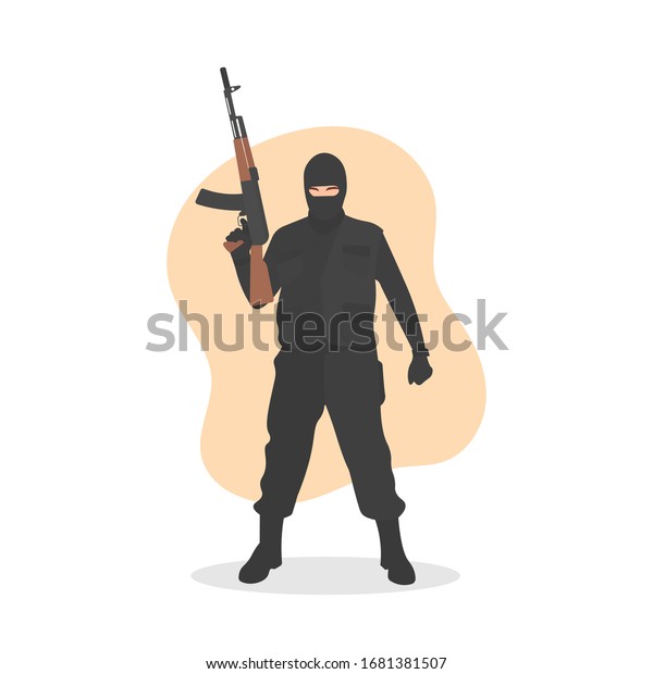 Standing masked male terrorist in black\
outfit holding a machine gun or AK-47. Bank robber or murderer ski\
mask concept. Radical extremism. Counter terrorism war - Flat\
vector character\
illustration.