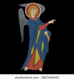 Ángel medieval de pie con gesto señalador. Ilustración vectorial aislada.