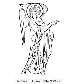 Standing medieval angel with pointing gesture. Black and white linear silhouette.