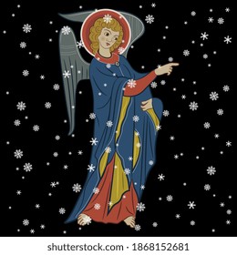 Standing medieval angel with pointing gesture under snowflakes. Beautiful winter Christmas motif.