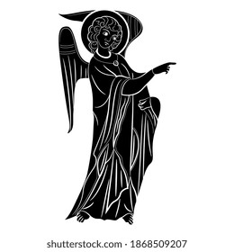 Standing medieval angel with pointing gesture. Black and white silhouette.