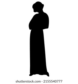 Standing medieval character in long dress. Gothic monk or woman. Black silhouette on white background.