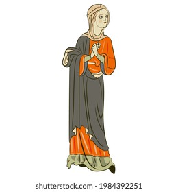 Standing medieval girl with folded hands. Pretty Gothic woman in long dress.