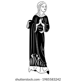 Standing medieval girl with folded hands. Pretty Gothic woman in long dress. Black and white silhouette.
