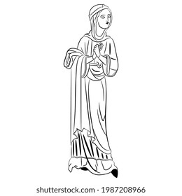 Standing medieval girl with folded hands. Pretty Gothic woman in long dress. Black and white linear silhouette.