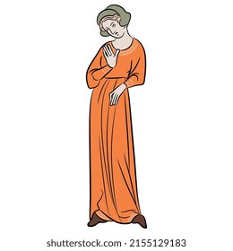 Standing medieval Gothic woman in long dress. Isolated vector illustration. Illuminated manuscript motif.