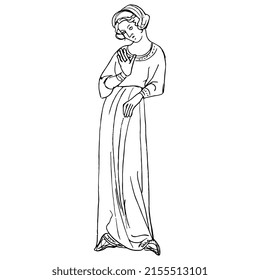 Standing medieval Gothic woman in long dress. Illuminated manuscript motif. Hand drawn linear doodle rough sketch. Black silhouette on white background.