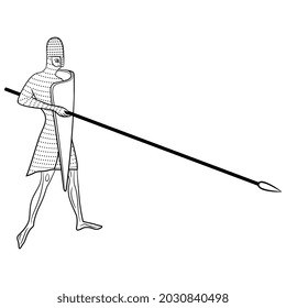 Standing medieval knight in chain mail and a helmet holding long spear or lance. Black and white linear silhouette.
