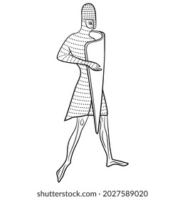 Standing medieval knight wearing chain mail and a helmet. Black and white linear silhouette.