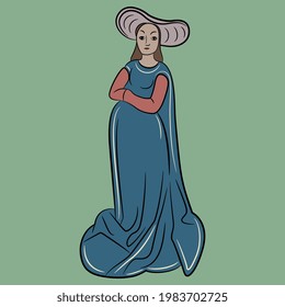 Standing medieval lady with folded hands in long dress and a hat. On green background.