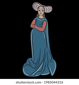Standing medieval lady with folded hands in long dress and a hat. On black background.