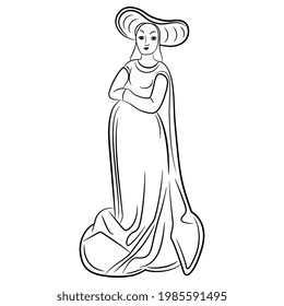 Standing medieval lady with folded hands in long dress and a hat. Black and white linear silhouette.