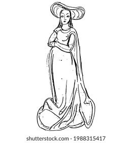 Standing medieval lady with folded hands in long dress and a hat. Hand drawn linear doodle rough sketch. Black silhouette on white background.