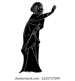 Mujer medieval de pie con mano levantada. Silueta negativa en blanco y negro. Ilustración vectorial aislada.