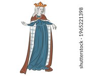 Standing medieval lady in royal crown. Gothic queen or princess in long dress. On white background.
