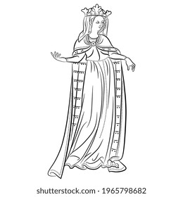 Standing medieval lady in royal crown. Gothic queen or princess in long dress. Black and white linear silhouette.