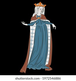 Standing medieval lady in royal crown. Gothic queen or princess in long dress. On black background.