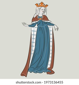 Standing medieval lady in royal crown. Gothic queen or princess in long dress. On light background.